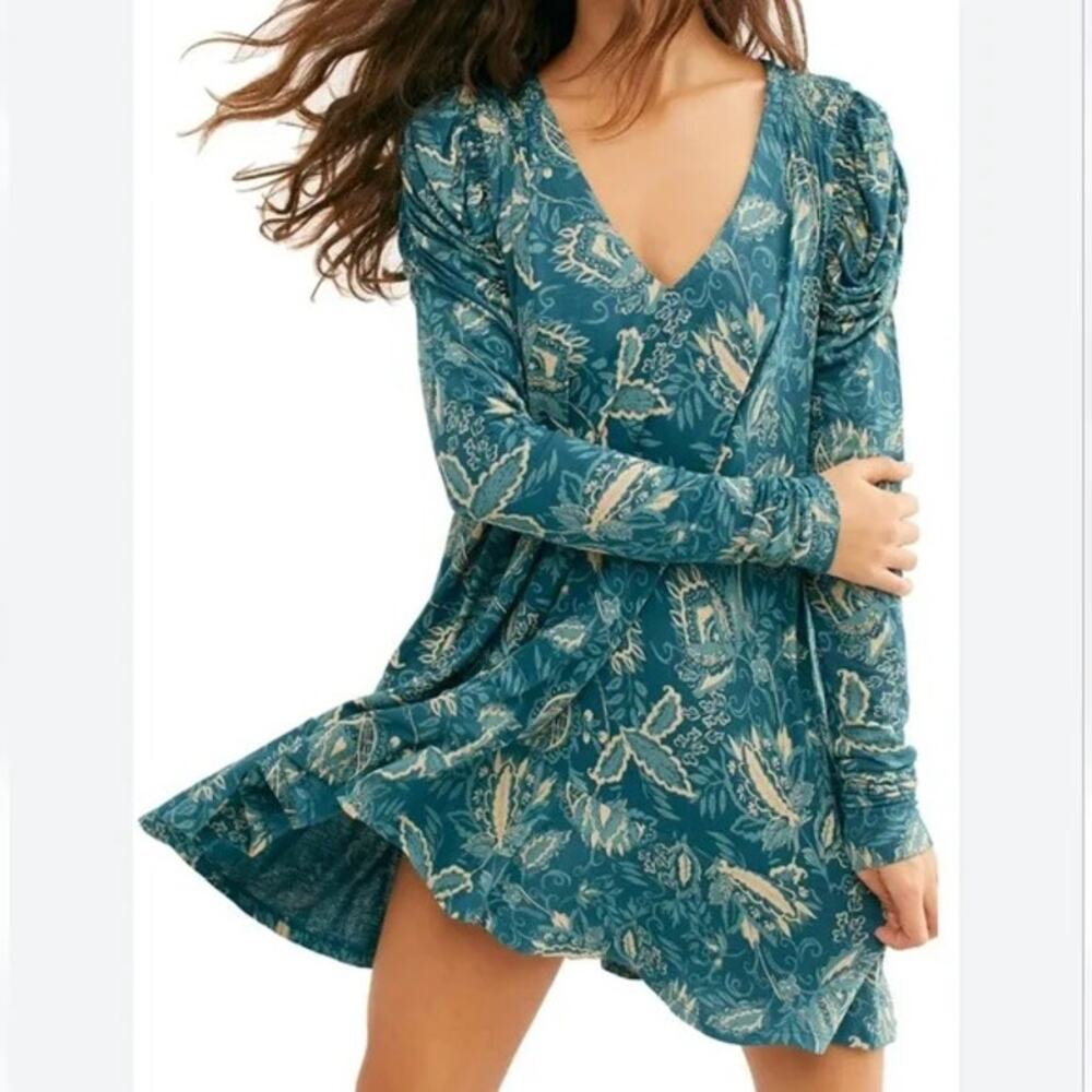 Free People Hello Lover Teal & Cream Print Long Puff Sleeve Mini Tunic Dress